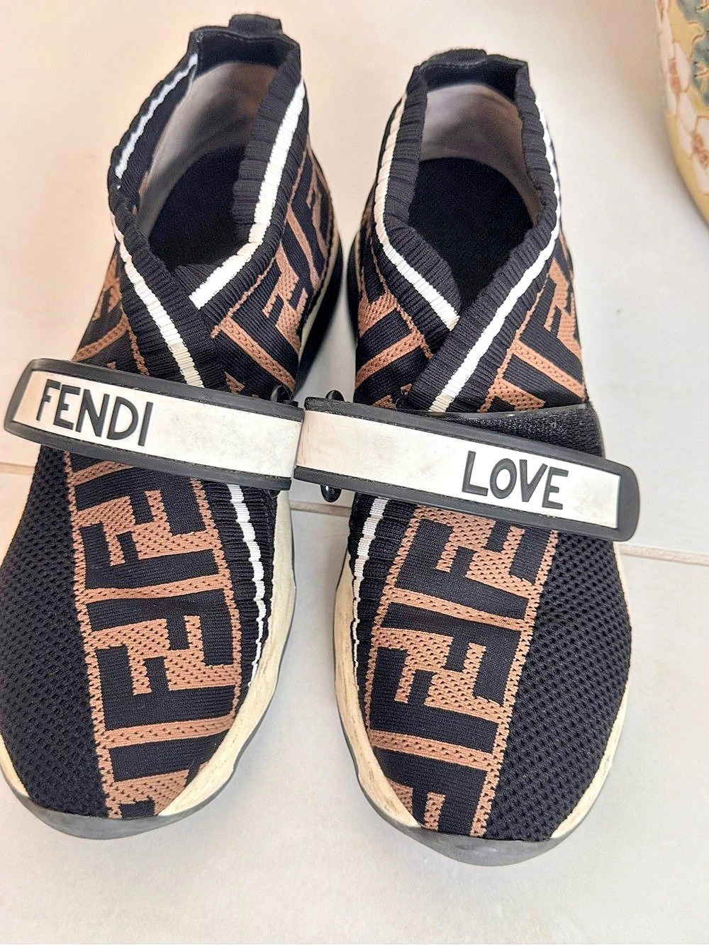 Fendi Rockoko Fendi Love Sock Sneakers Logo Strap Sneakers EU 37 Black & Brown